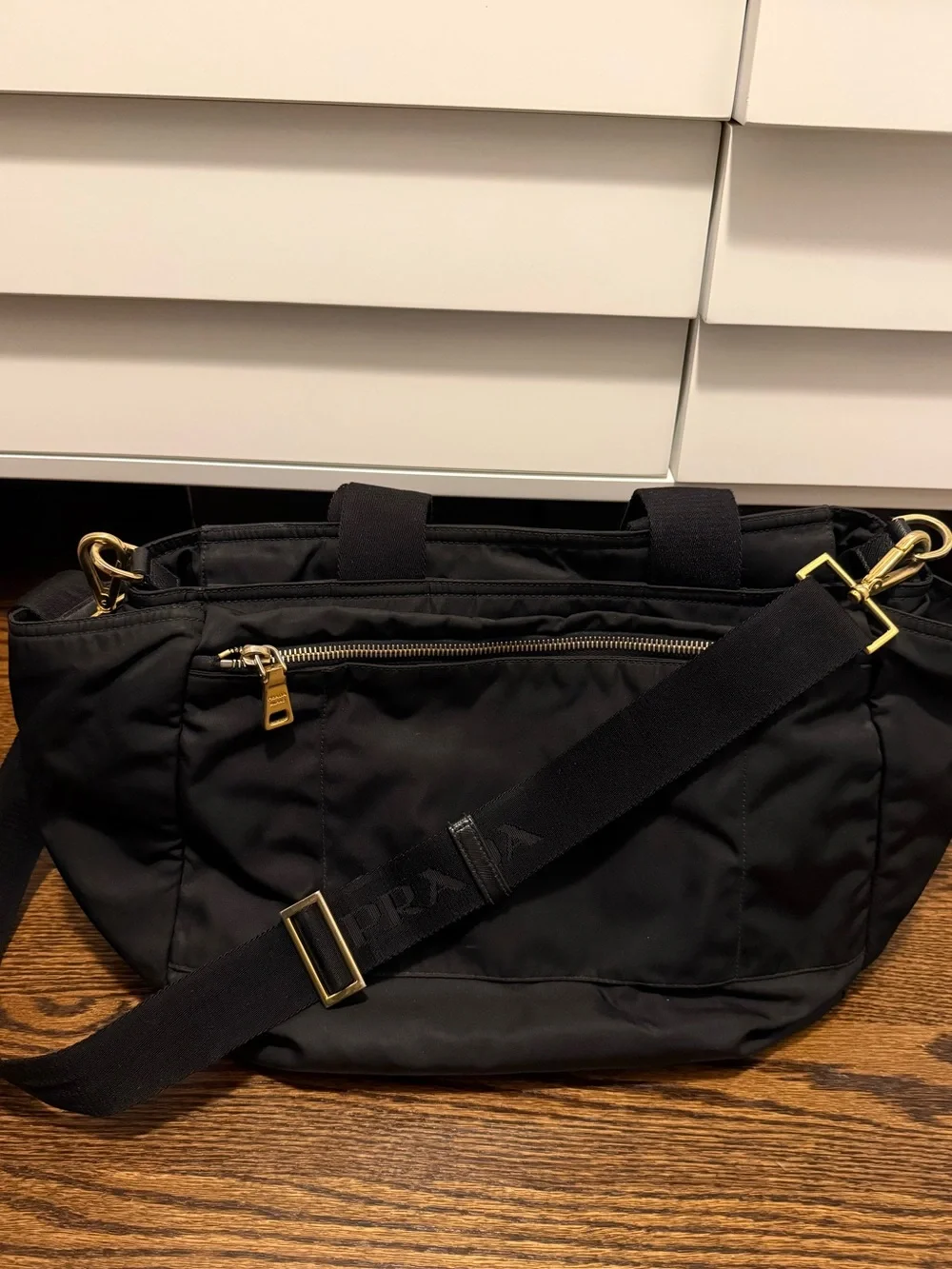 PRADA Vintage Black Nylon Diaper / Baby Bag with Gold Hardware + Dust Bag